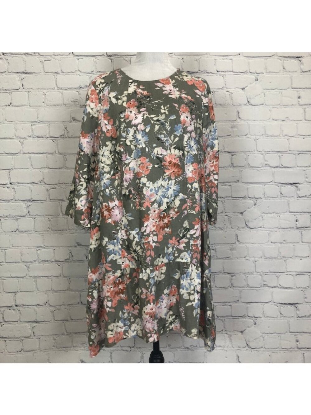 J Jill Love Linen Floral Dress Petite Size PM 100% Linen Green Pockets